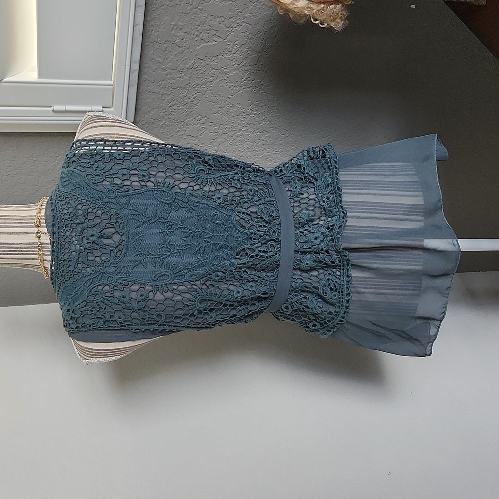 Boho free people style teal lace crochet vest tunic small - Picture 4 of 5